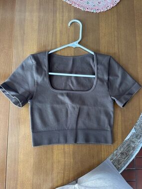 Ribbed Square-Neck Crop Top in Brown NWOT